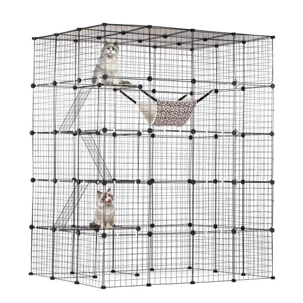 Large cat cage interior view showing multiple levels and accessories