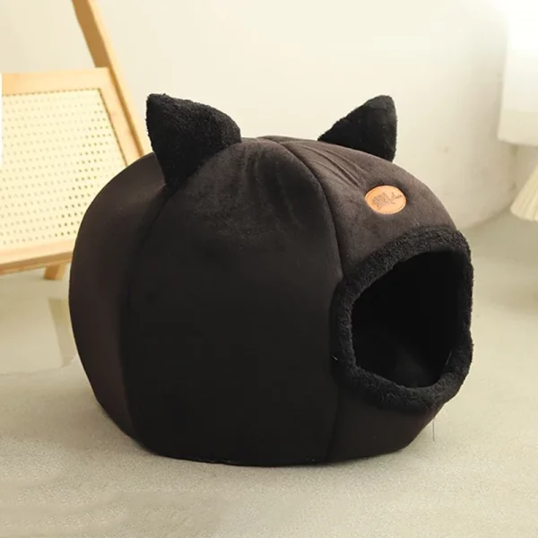 Winter cat bed placed in a home living space, creating a warm pet corner