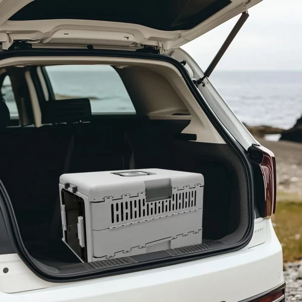 Pet carrier shown partially folded for storage