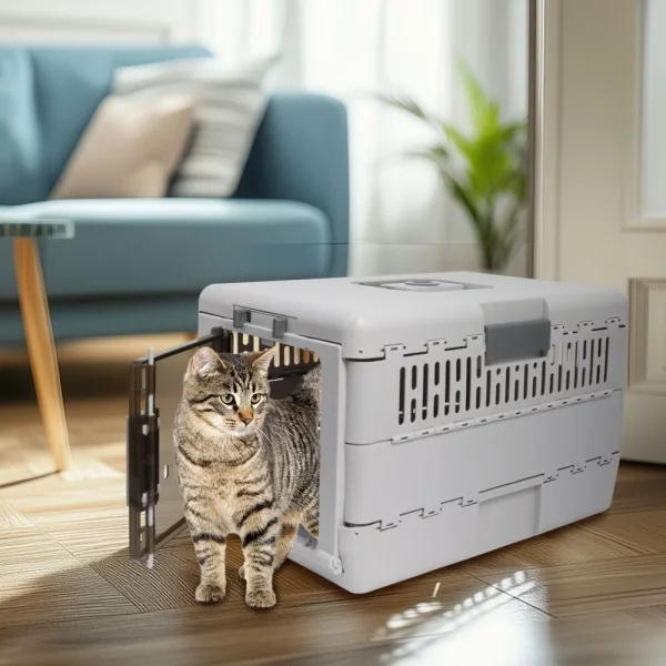 Close-up of the pet carrier's lockable front door mechanism