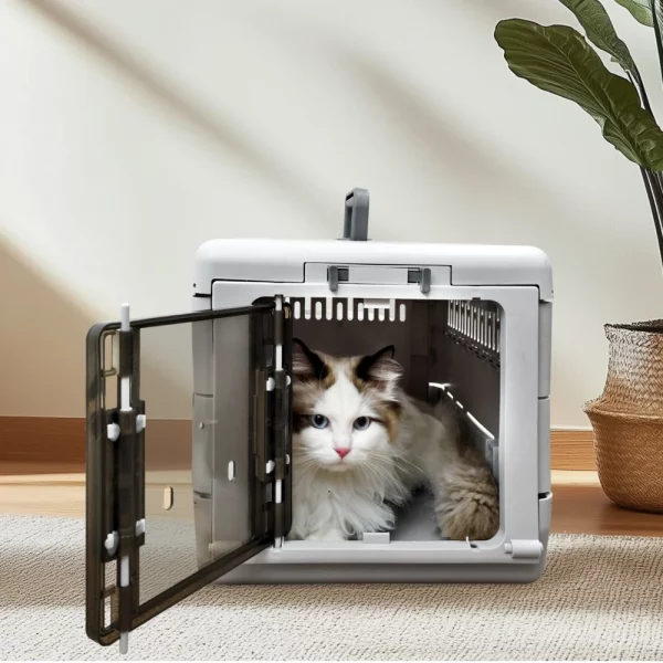 Grey pet carrier from the side, highlighting ventilation slots