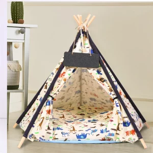 Front view of the pet teepee tent with cushion inside