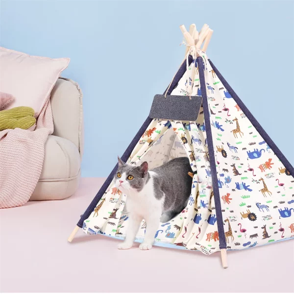 Close-up of the canvas fabric and animal print pattern on the pet teepee tent