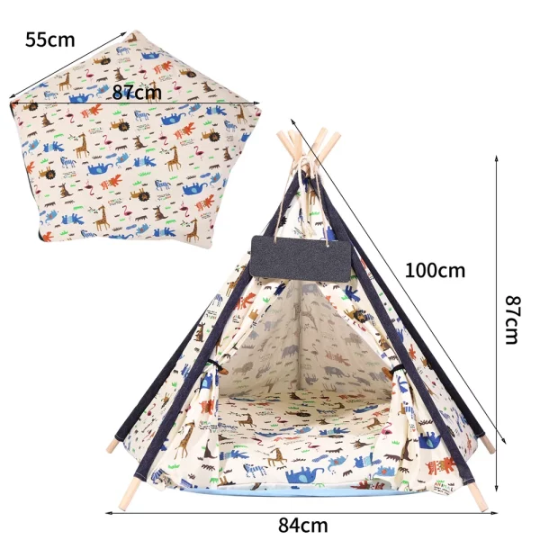 Pet teepee tent set up indoors, showing scale with a pet