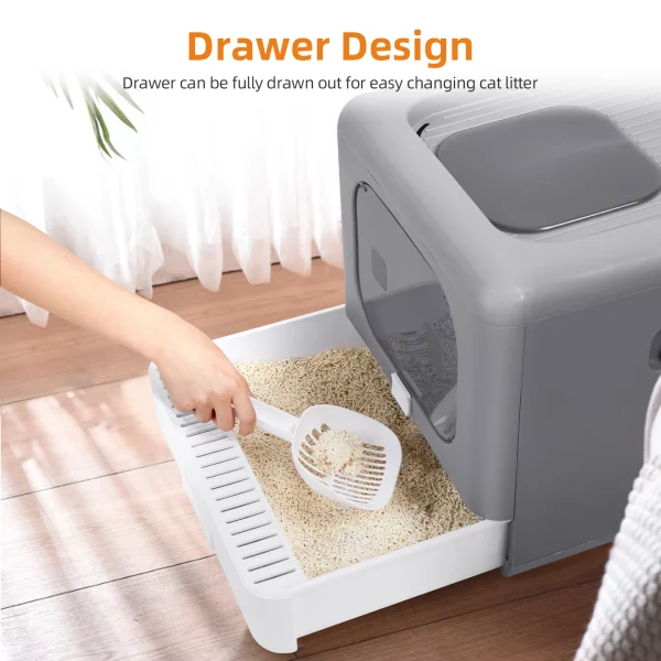 Cat litter box furniture with portable scoop drawer extended for cleaning