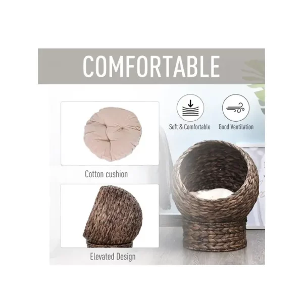 Feline relaxing inside a comfortable wooden cat bed