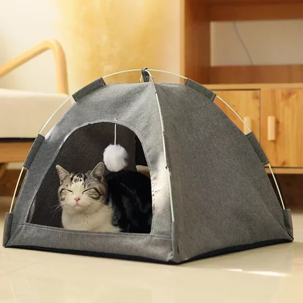 Grey pet tent bed, side profile highlighting its soft, plush interior.