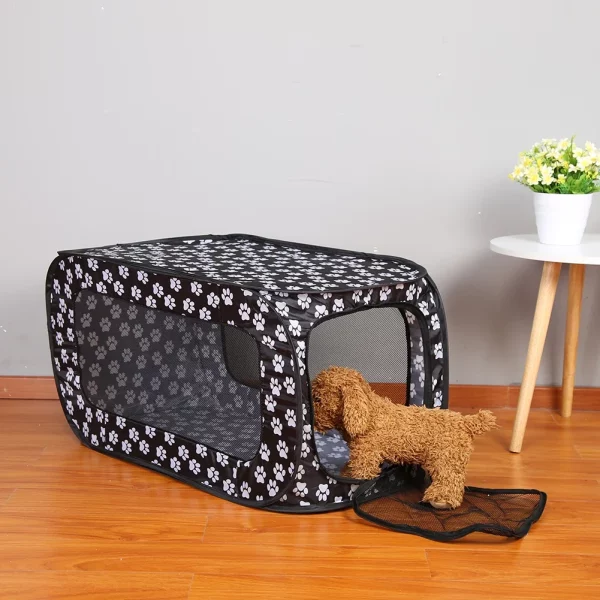 Folding pet tent set up, showing its rectangular shape and black colour.