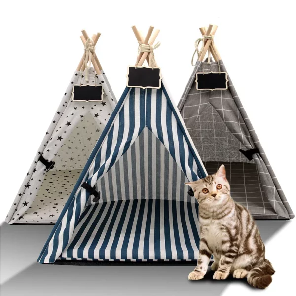 Front view of a striped pet tent house with a cat peeking out