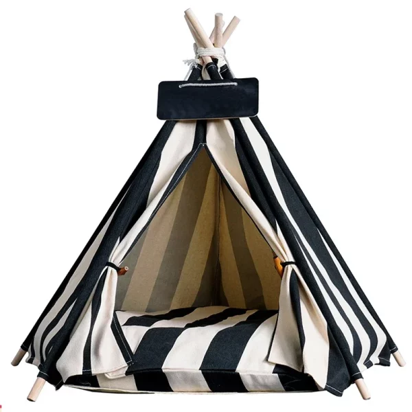Pet tent house dog bed set up outdoors, demonstrating its portability