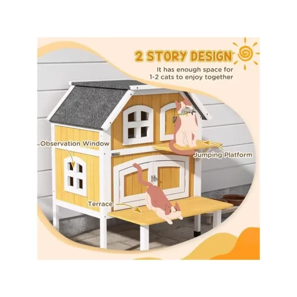 Side profile of the wooden cat shelter highlighting the entrance opening.