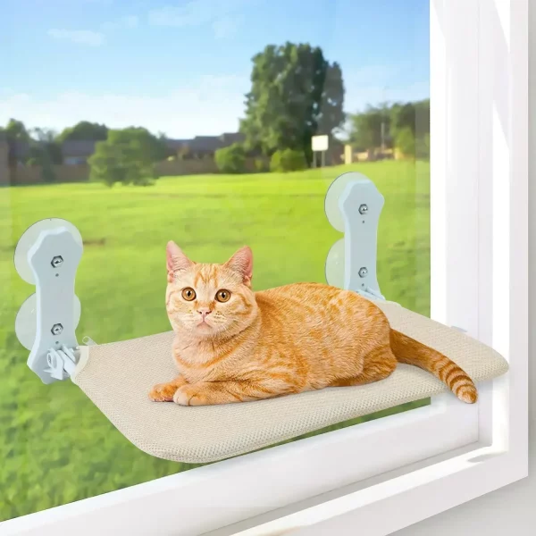 Cat hammock folded for storage, showing its compact design