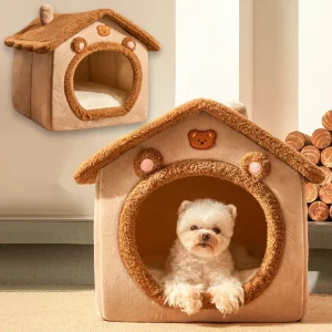Front view of a grey, foldable pet house in its collapsed state.