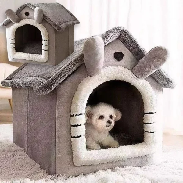 The grey foldable pet house placed attractively in a modern living room setting.