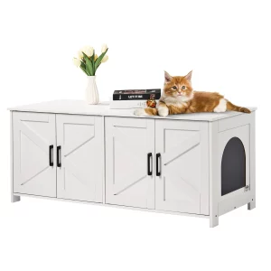 Cat litter box enclosure from the front, showing the white wooden cabinet design.