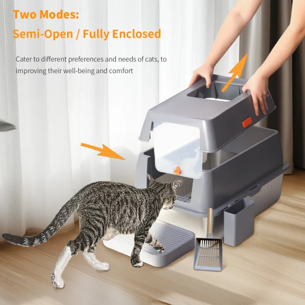Grey and silver cat litter box with scoop attached to the side