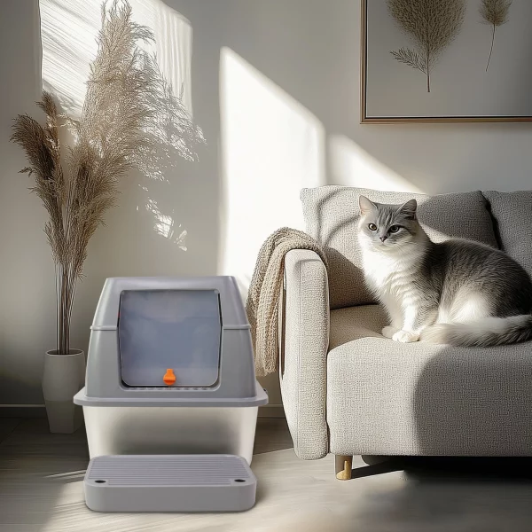 Interior of stainless steel cat litter box, showing removable drawer and included scoop