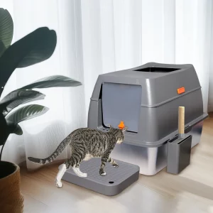 Enclosed stainless steel cat litter box, front view with lid and scoop holder