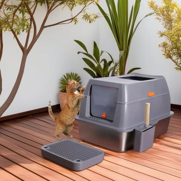 Stainless steel cat litter box, side profile showing front entry and litter-trapping step