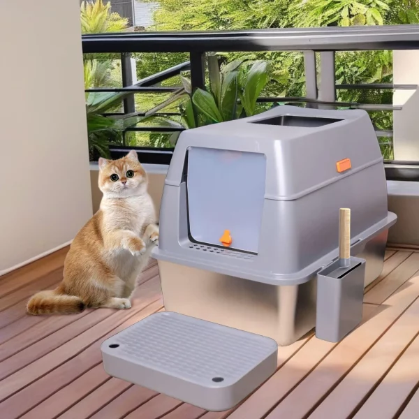 Cat litter enclosure, top view highlighting dual entry options and lid