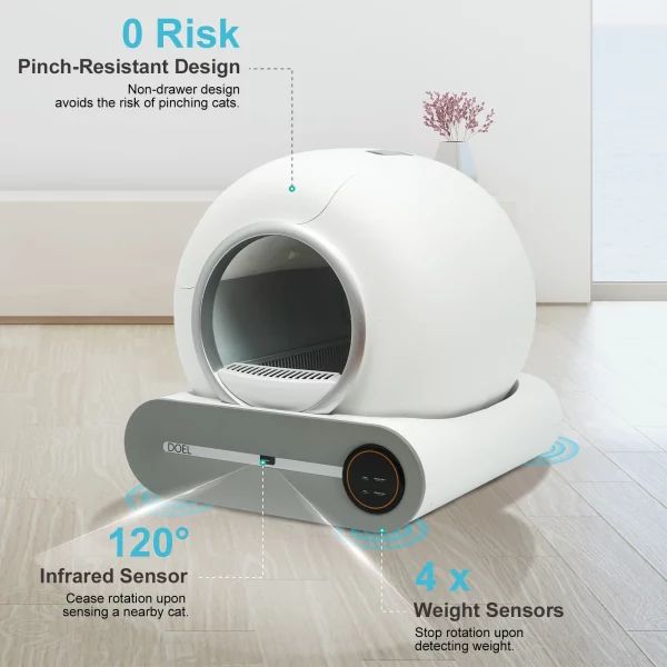 Close-up of the internal mechanism of the automatic cat litter box during a cleaning cycle