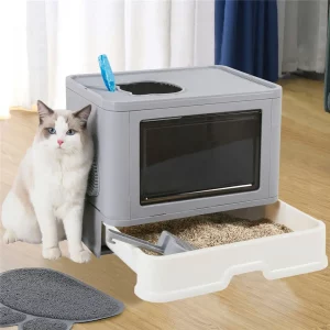 Foldable cat litter box in grey, front view