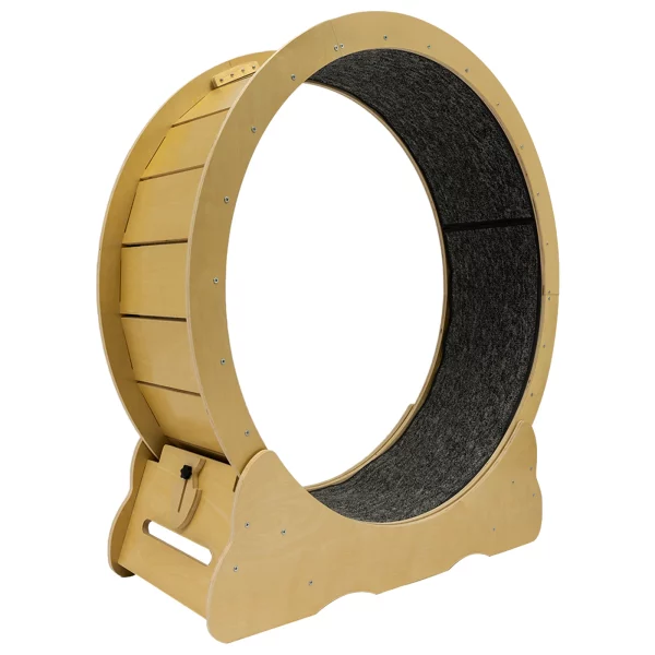 Overall view of the modern wooden cat exercise wheel from a different angle