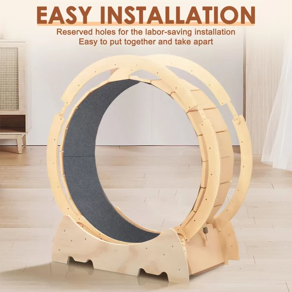 Large cat running on a solid wood exercise wheel indoors