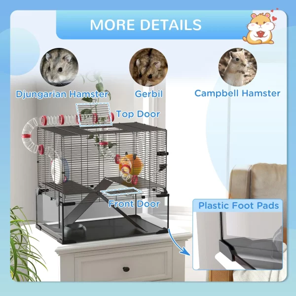 Dwarf hamster cage, interior layout with hut and ramps