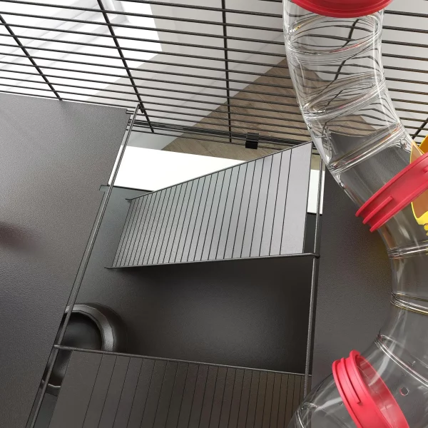 Dwarf hamster cage, close-up of exercise wheel and tube connection