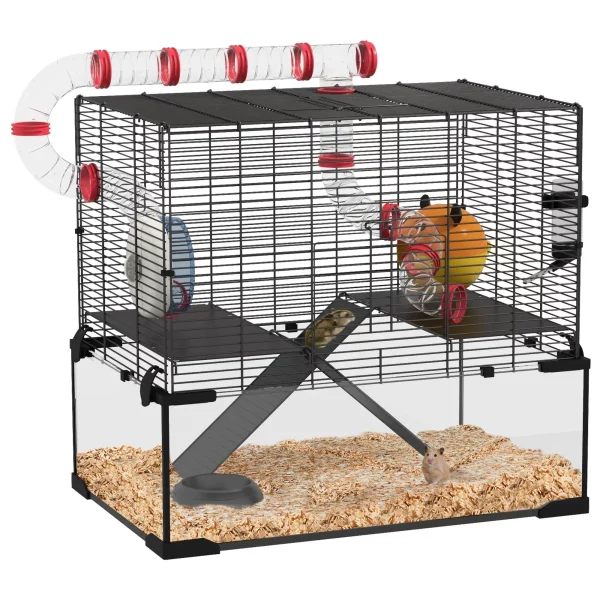 Dwarf Hamster Cage with Deep Glass Bottom Tunnels Hut Exercise Wheel 60x40x57cm for Small Pets, As pictures showed,