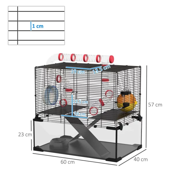 Dwarf hamster cage, side view showing deep glass base