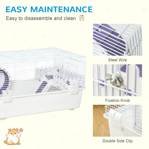 Close-up of the hamster cage interior with platforms and accessories