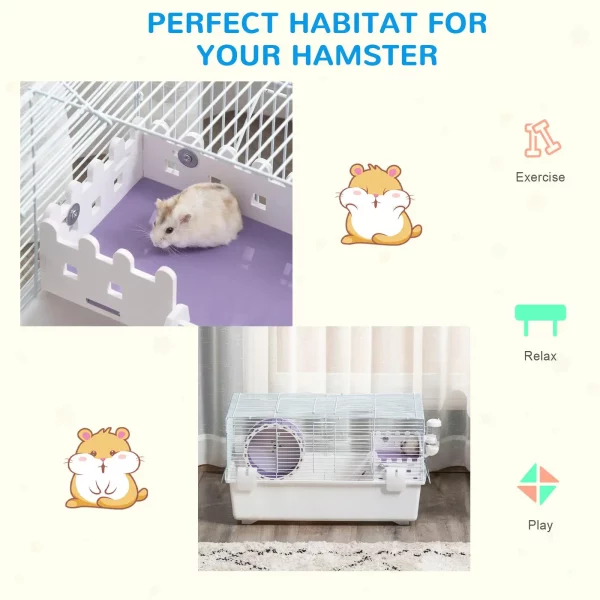 Detailed view of the hamster cage's water bottle and feeding area