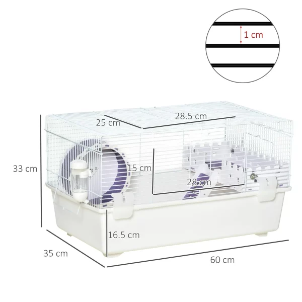 Side view of the hamster cage showing the exercise wheel and ladder