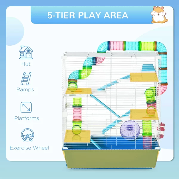 Hamster cage accessories including exercise wheel, water bottle, and food dish