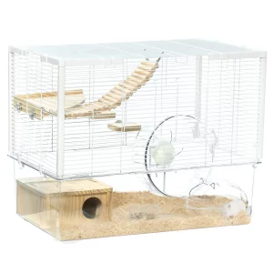 Wooden Ramp Hamster and Gerbil Cage with Exercise Wheel Bowl White Ideal Habitat for Small Pets, As pictures showed,