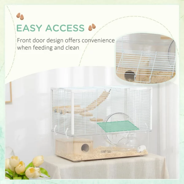 Interior view of the hamster cage showing multiple platforms