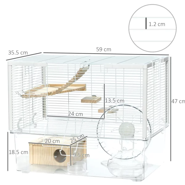 Side view of the hamster cage highlighting its tiered structure