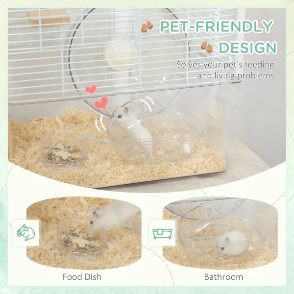 Hamster cage with front door open, revealing interior accessories