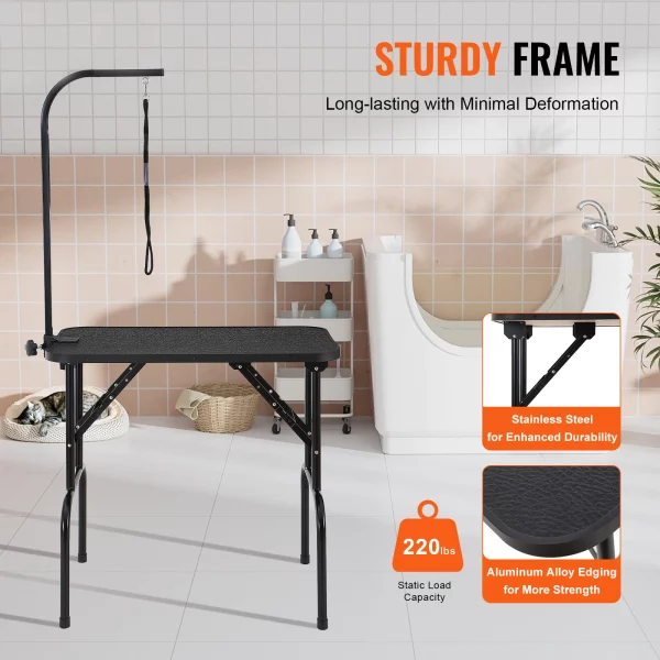 Pet grooming table, side profile showing stainless steel construction and storage shelf