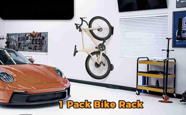 Bicycle hanging vertically on the rotating wall mount hanger