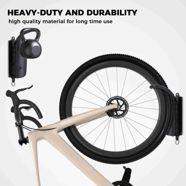 Side view of a bicycle stored on the rotating wall mount hanger