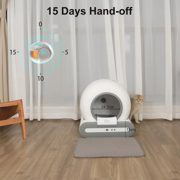 Automatic cat litter box positioned on a clean floor