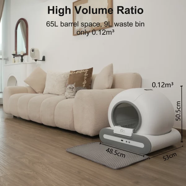 Package contents: automatic litter box, litter mat, charger, and instructions