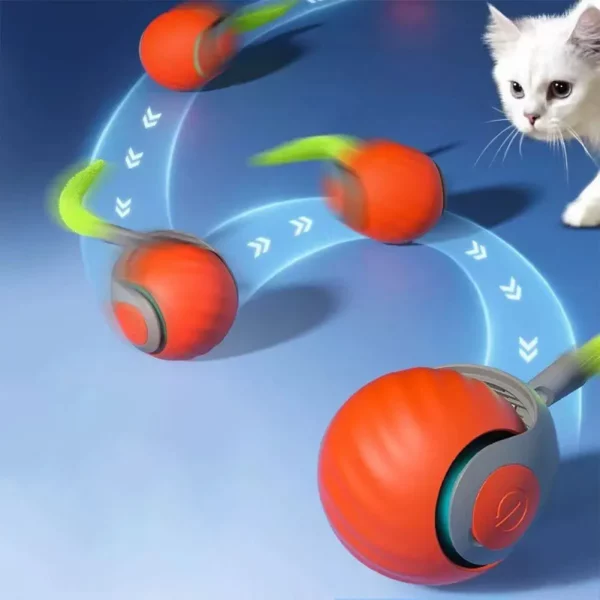 Close-up of the interactive cat toy ball, highlighting its textured surface for grip and stimulation.