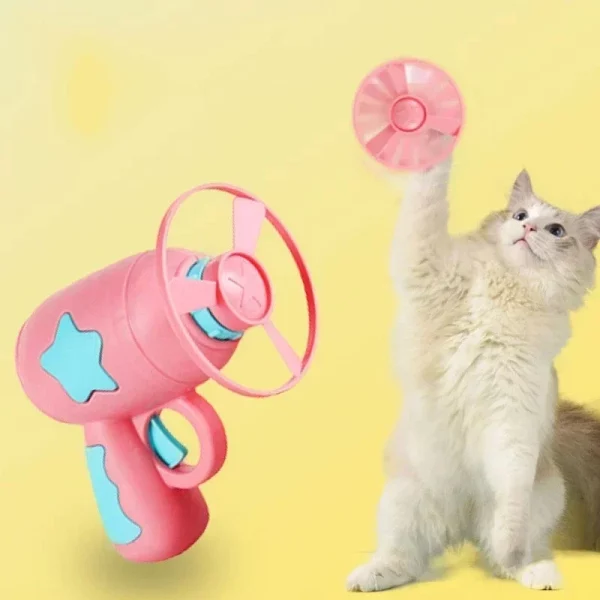 A playful cat interacting with a flying disc toy