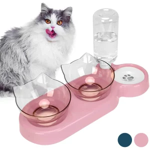 Dual pet feeder with food and water bowls, featuring a 15-degree tilt and water dispenser