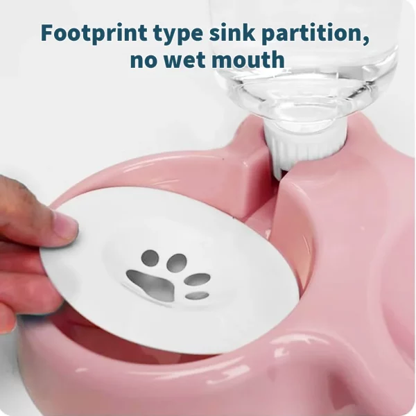 Pink dual pet bowl set with anti-slip base and water bottle attachment