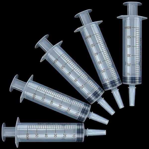 Close-up view of the 60ml syringe plunger and rubber seal